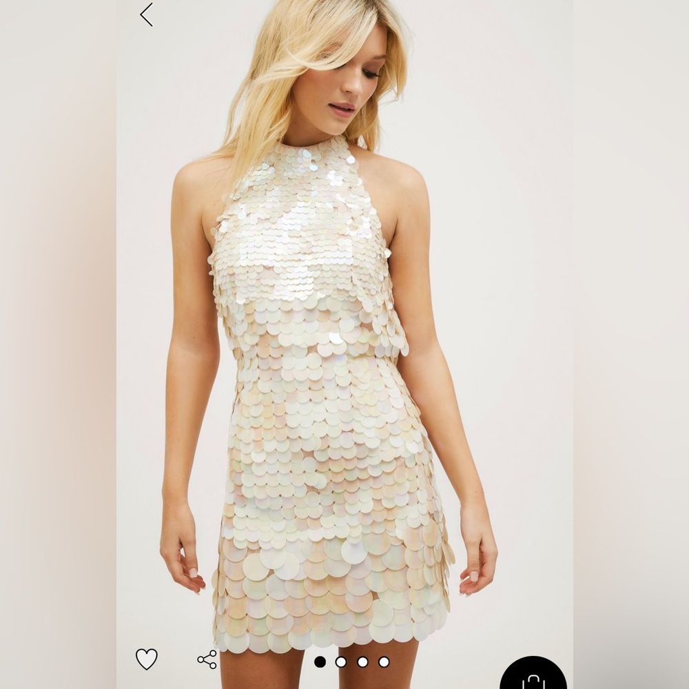 NASTYGAL WHITE DISK SEQUIN BACKLESS HALTER MINI DRESS